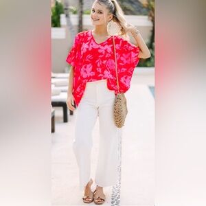 Fuchsia & Pink Floral Short Sleeve Blouse | Oversized | Small-X-Large | New